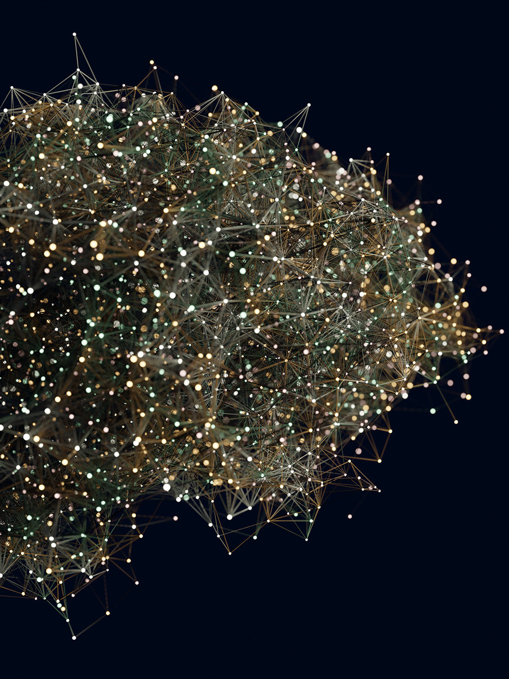 Glowing network-like 3D structure with nodes and connections in the shape of a brain on a dark blue background