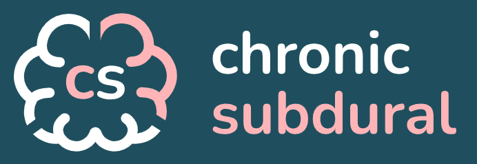 Logo with a brain icon and text 'chronic subdural' on a dark blue background