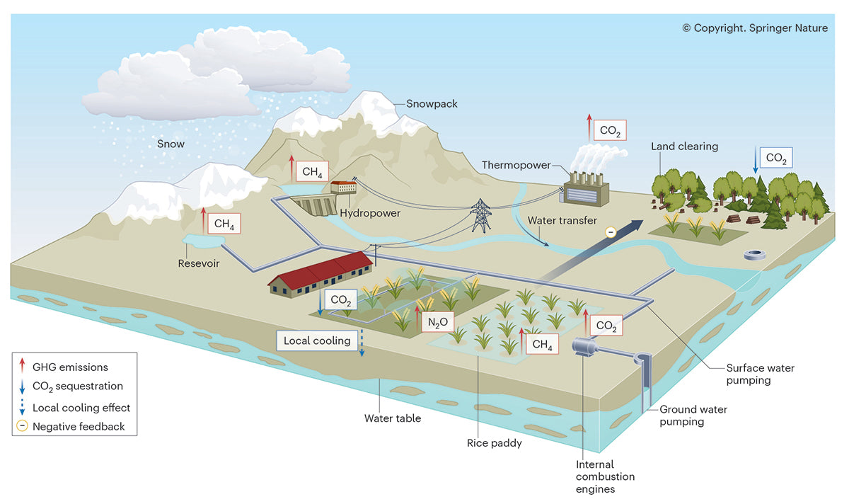 Diagram showing various sources of greenhouse gas emissions with labels and a mountain landscape. Full colour technical line editorial illustration for Springer Nature