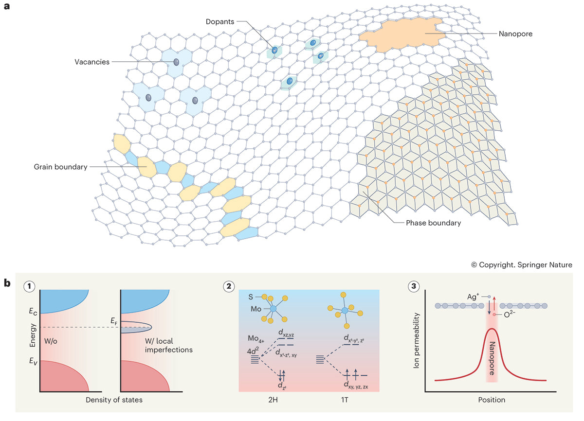 Diagram of a material with various defects labeled, including dopants, vacancies, grain boundaries, and phase boundaries. Editorial illustration for Springer Nature