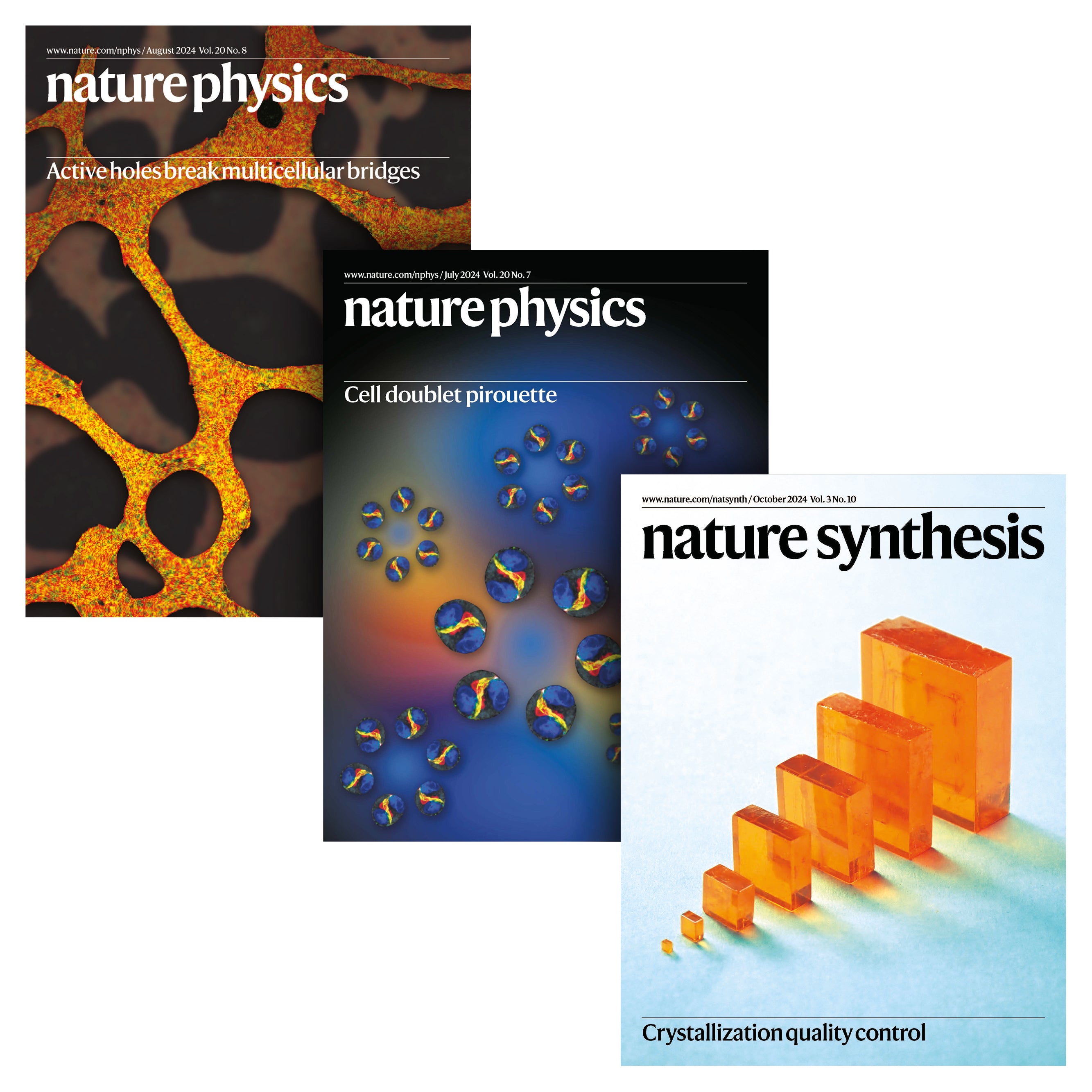 Three journal covers from 'Nature Physics' and 'Nature Synthesis' on a white background