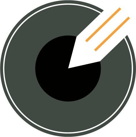 Logo with a stylized pencil and iris design on a white background in vibrant orange and dark green