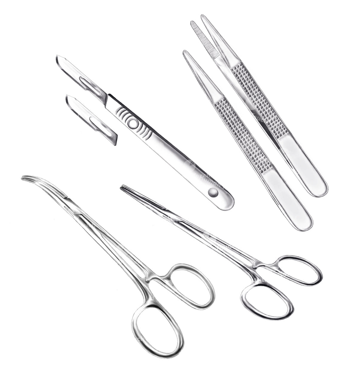 Set of surgical instruments including scissors, forceps, and scalpel on a white background