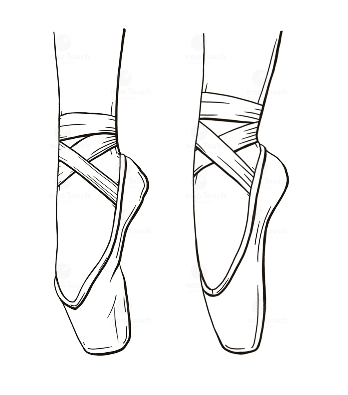 Black and white line drawing of ballet shoes on a white background showing the difference between broken shoes and new shoes