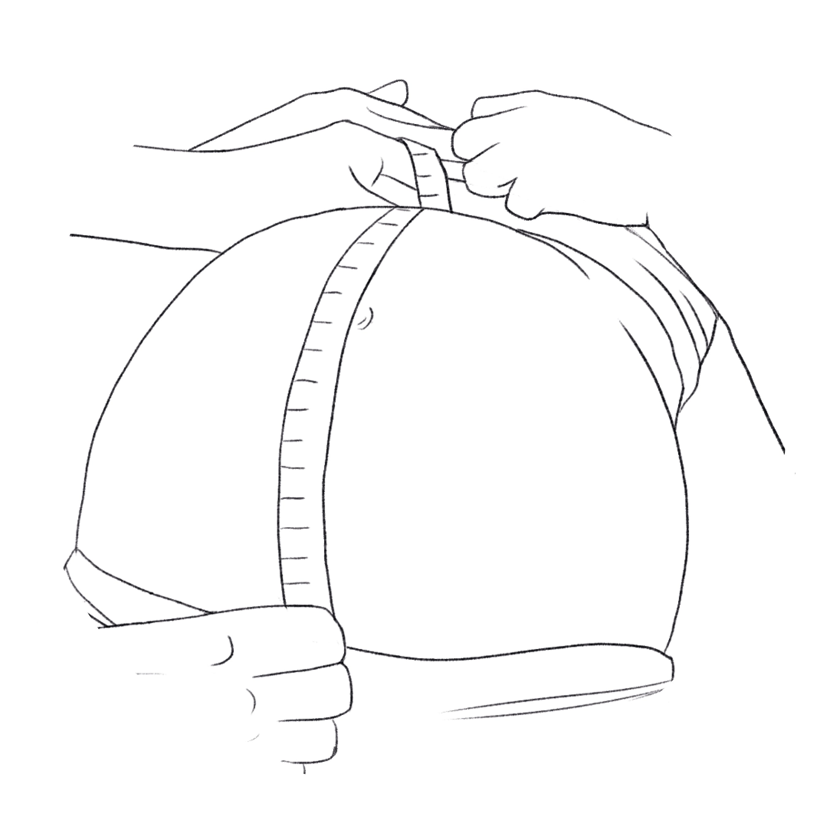 Pencil line drawing of a midwife or obstetric doctor measuring the sympysis fundal height of a pregnant woman