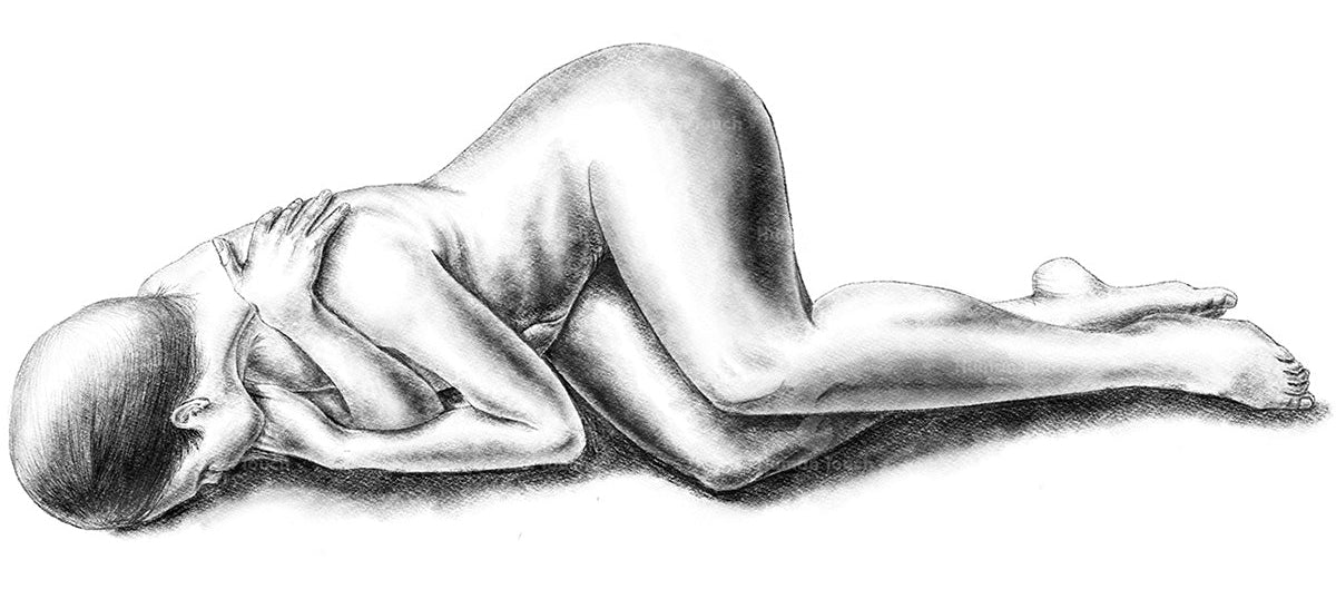 Pencil drawing of a nude figure lying on a white background