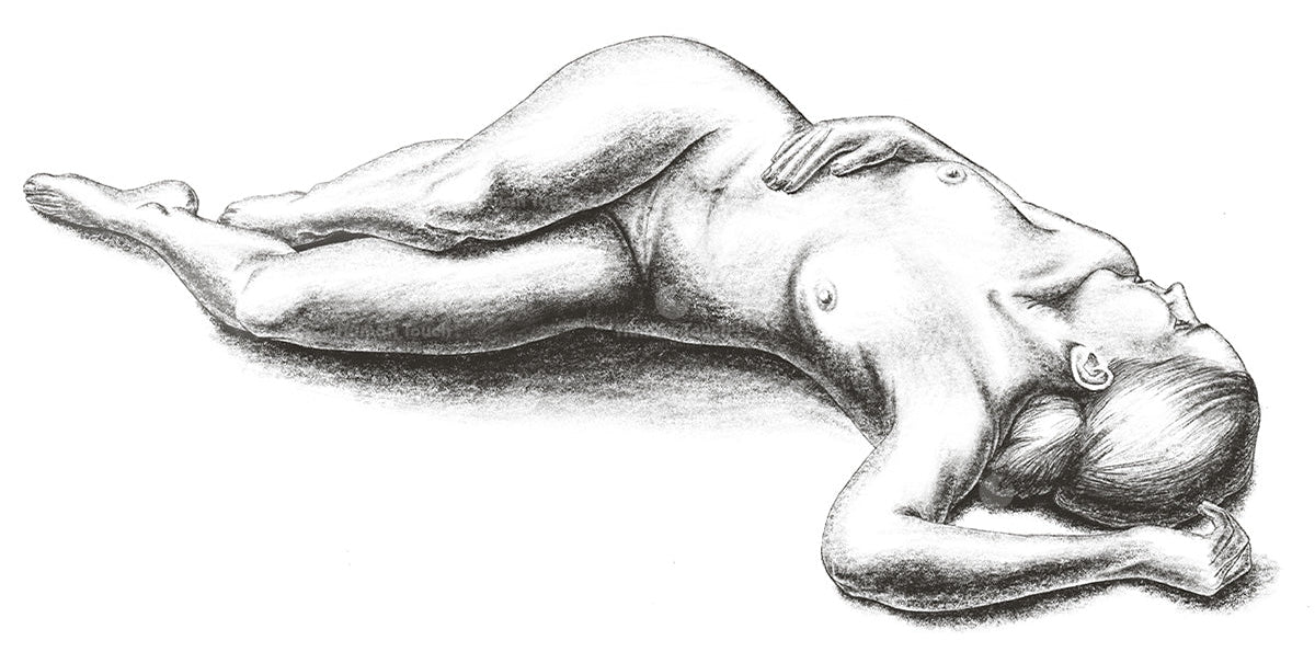 Black and white drawing of a nude person lying on their side.