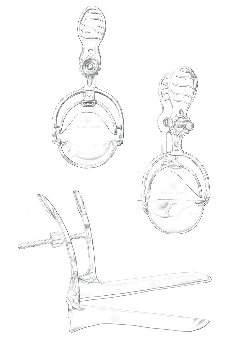 Technical pencil drawing of a disposable speculum from 3 angles