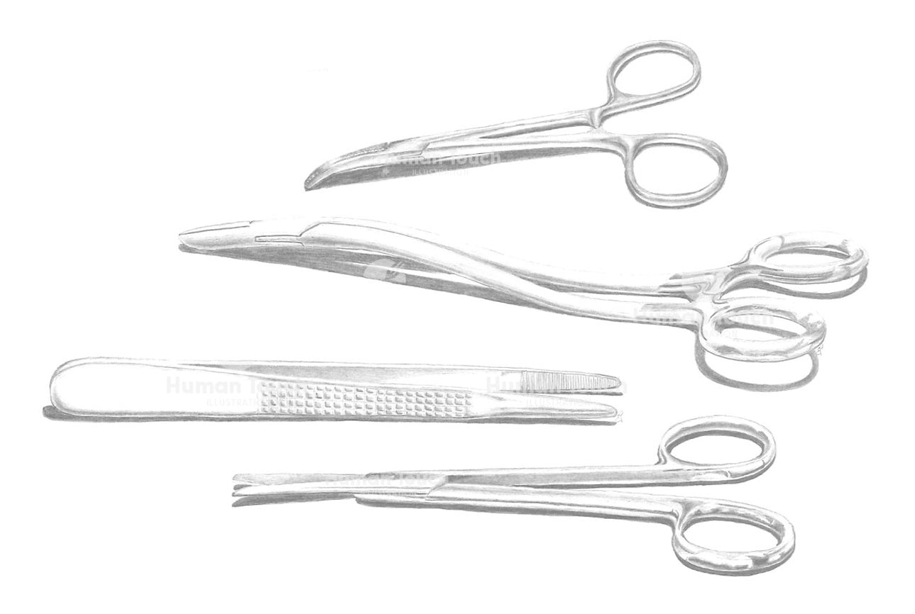 Set of surgical scissors and forceps drawn in pencil on a white background