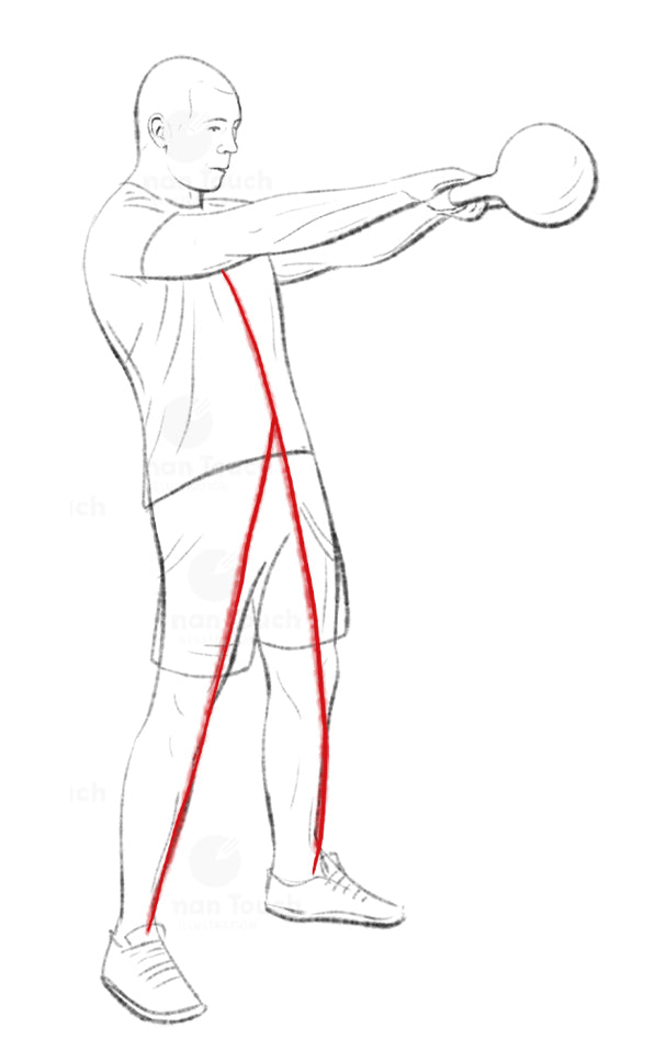 Line drawing of a person performing an exercise with a kettlebell, highlighting muscle groups with red lines.